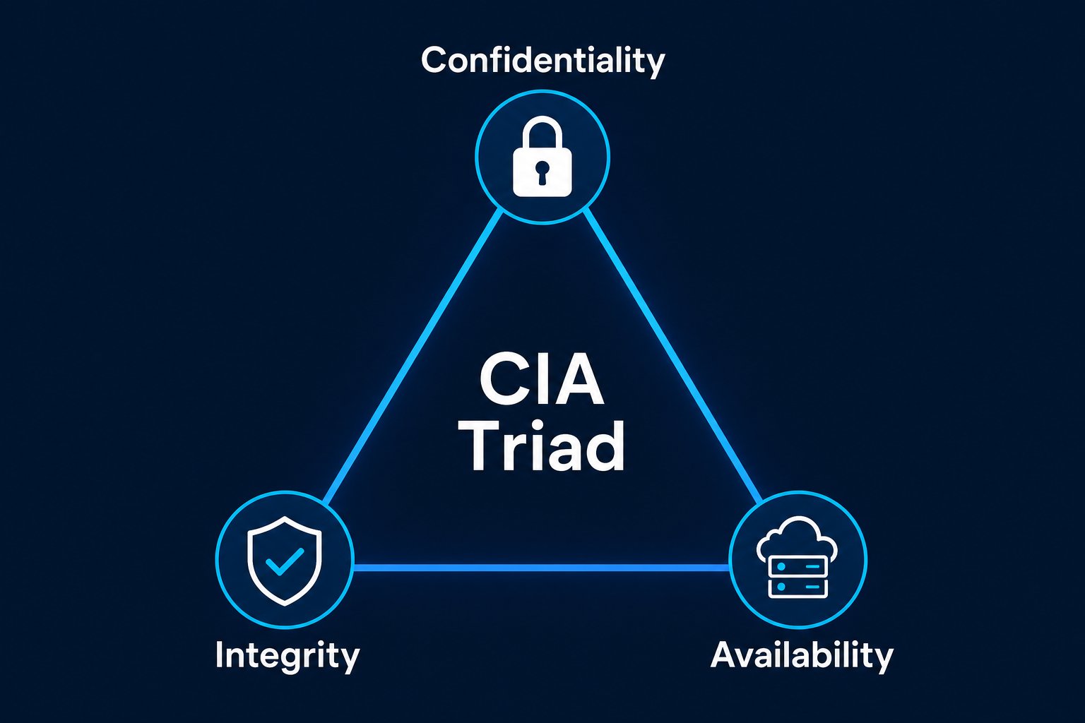 CIA Triad triangle diagram showing Confidentiality, Integrity, and Availability