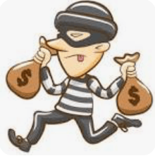 Cartoon of a criminal running with bags of money