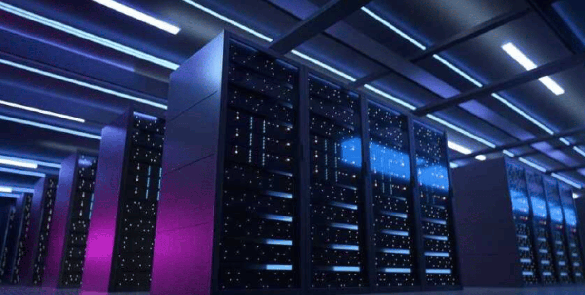 Data center with purple and blue lighting on server racks