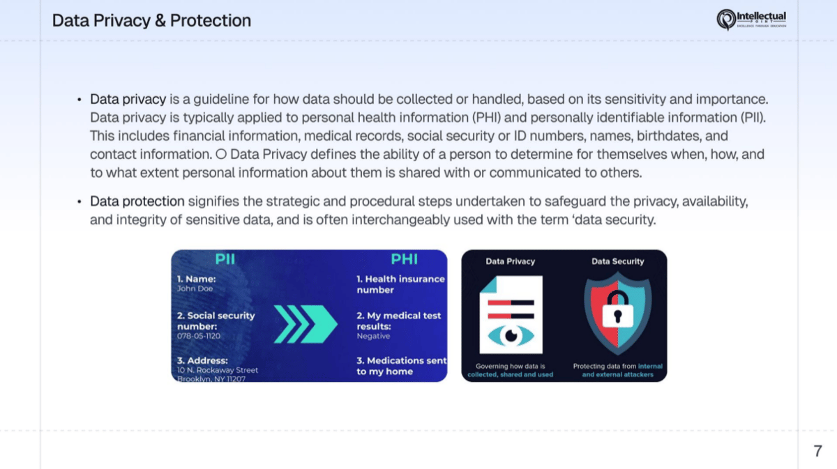 Slide explaining PII and PHI examples and the distinction between data privacy and data security