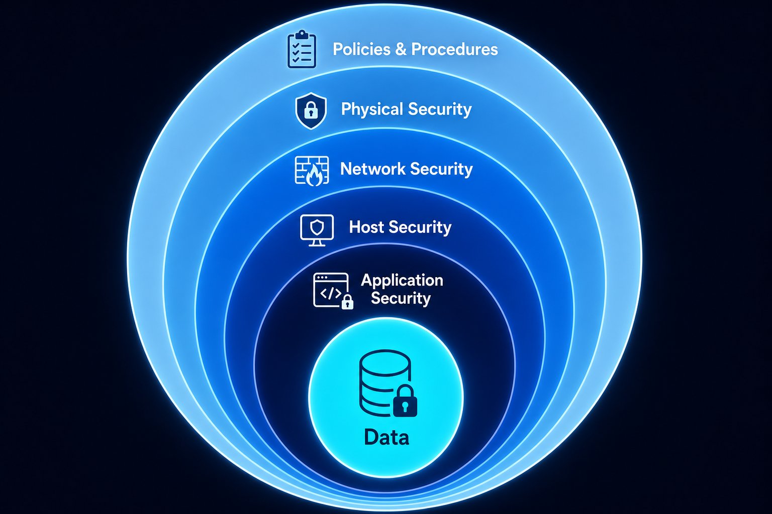 Defense in depth concentric circles showing Policies, Physical, Network, Host, Application, and Data layers
