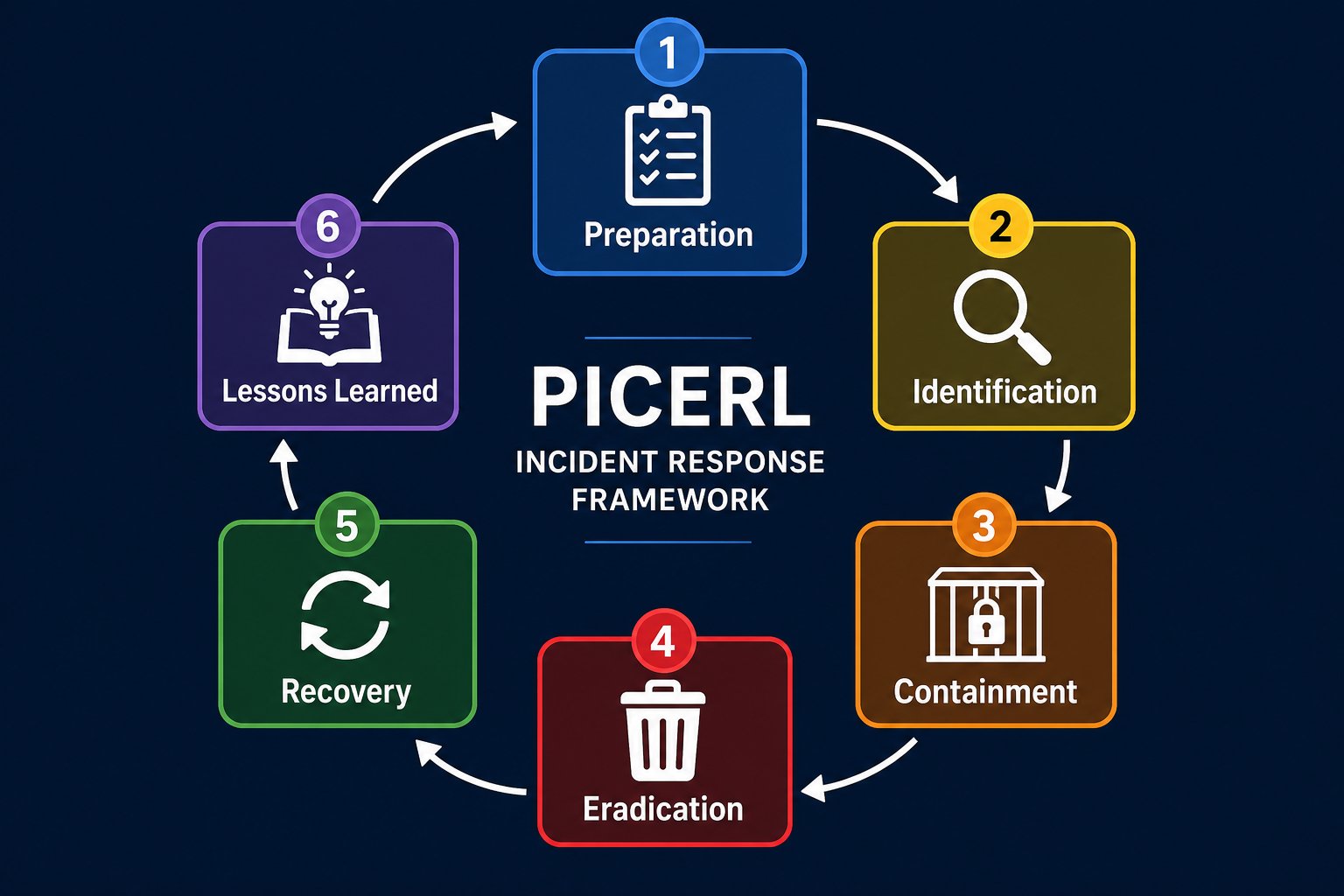 PICERL cycle showing Preparation, Identification, Containment, Eradication, Recovery, and Lessons Learned