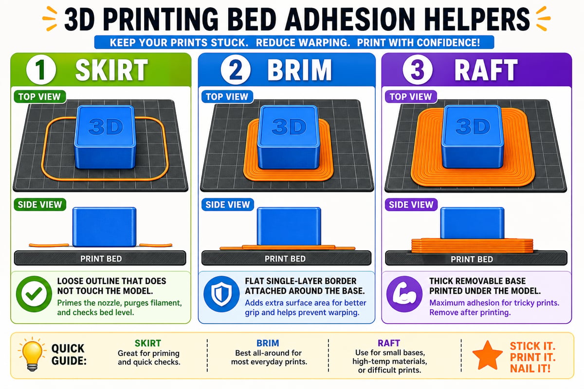 Comparison of skirt, brim, and raft bed adhesion helpers in top and side view