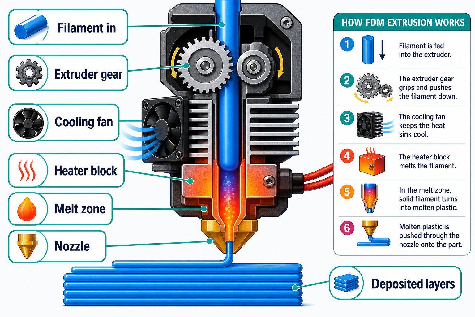Cutaway diagram of FDM extrusion showing filament, extruder gear, cooling fan, heater block, melt zone, nozzle, and deposited layers