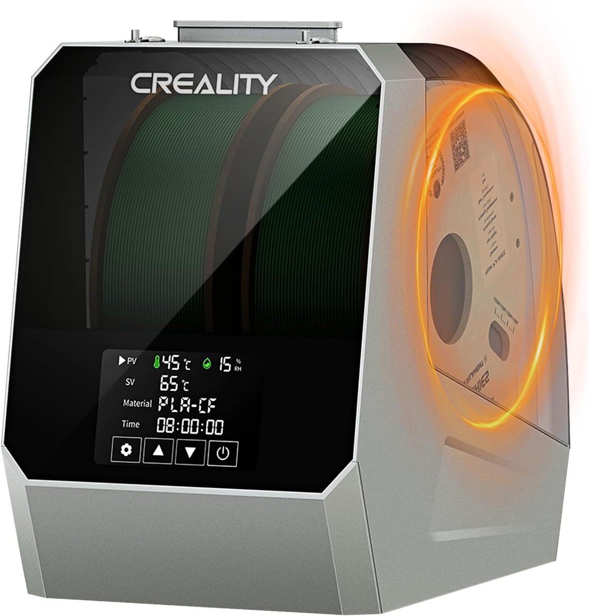 A Creality filament dry box showing temperature and humidity readings
