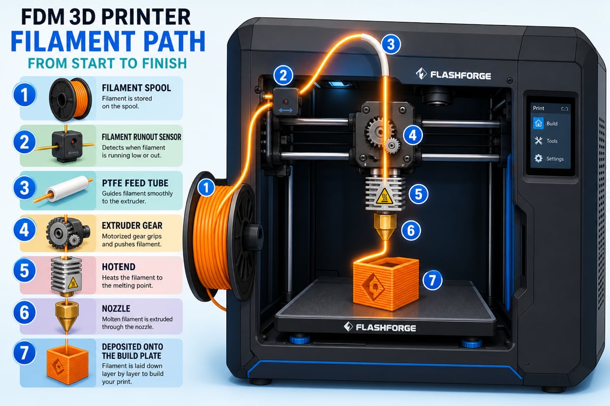 Diagram tracing the filament path: spool, runout sensor, PTFE tube, extruder gear, hotend, nozzle, and onto the build plate