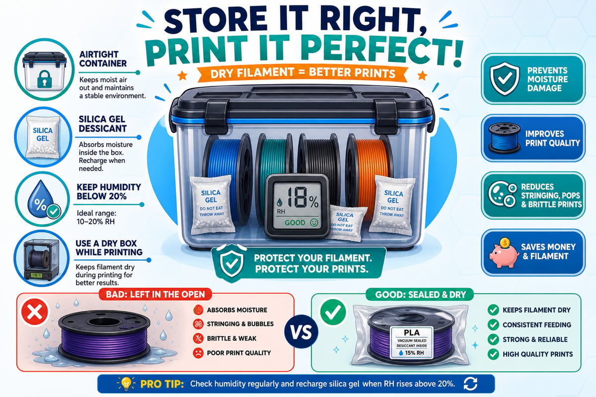 Proper filament storage using an airtight container with silica gel desiccant and a humidity meter reading below 20 percent