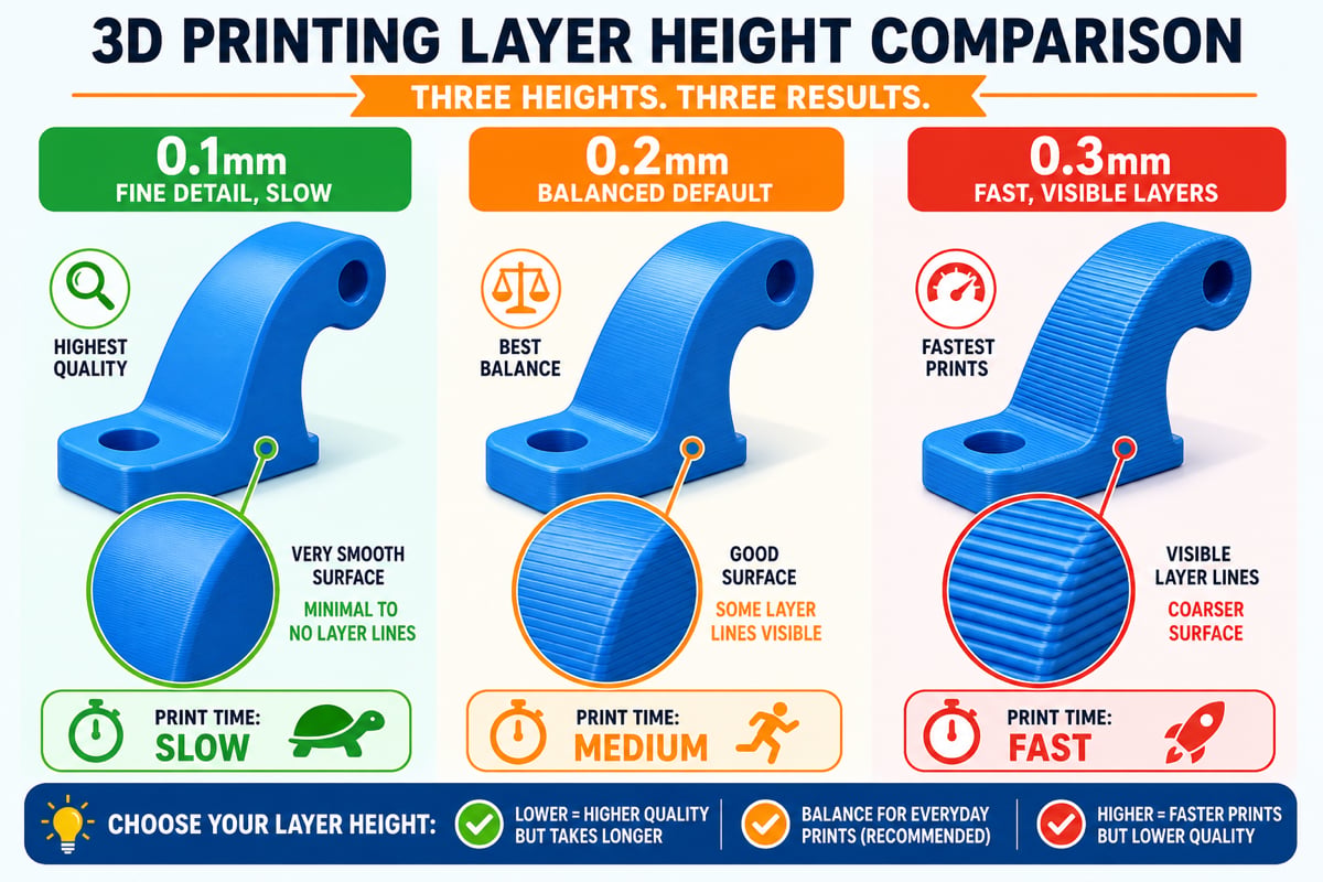 Comparison of 0.1mm, 0.2mm, and 0.3mm layer heights showing surface smoothness versus print speed