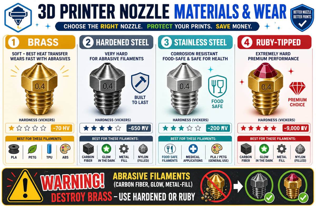 Comparison of brass, hardened steel, stainless steel, and ruby-tipped nozzles, their hardness, and best-fit filaments
