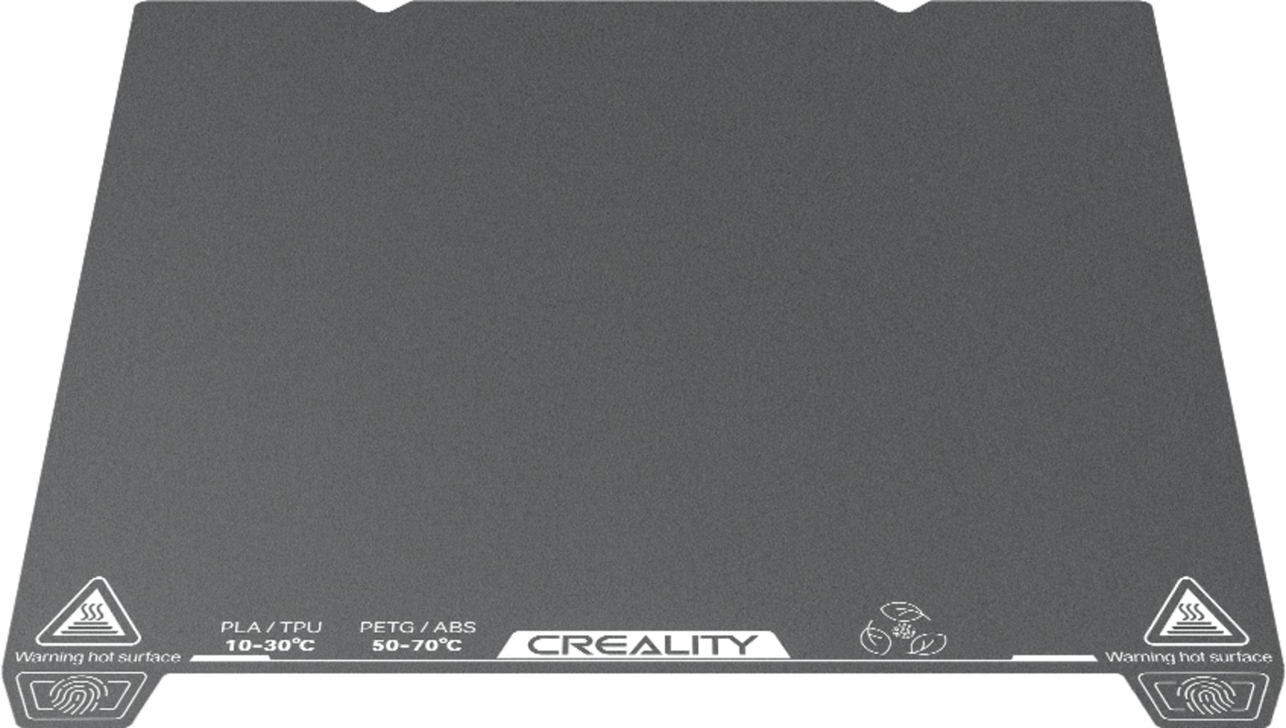 A flexible textured build plate showing PLA/TPU and PETG/ABS temperature ranges