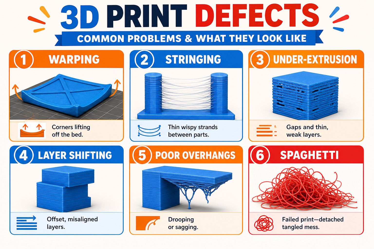 Visual guide to common 3D print defects: warping, stringing, under-extrusion, layer shifting, poor overhangs, and spaghetti
