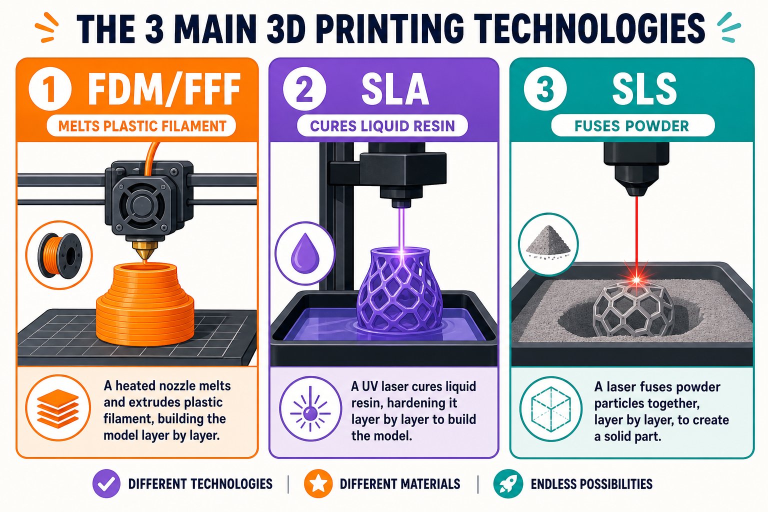 Comparison of FDM, SLA, and SLS 3D printing technologies