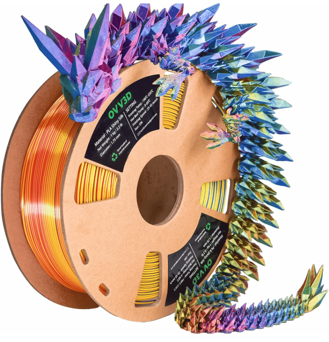 Rainbow tri-color silk PLA filament spool with a printed dragon