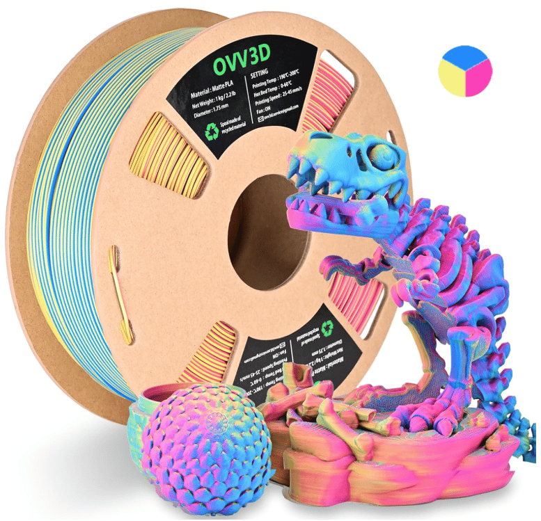 Matte tri-color PLA filament spool with printed models
