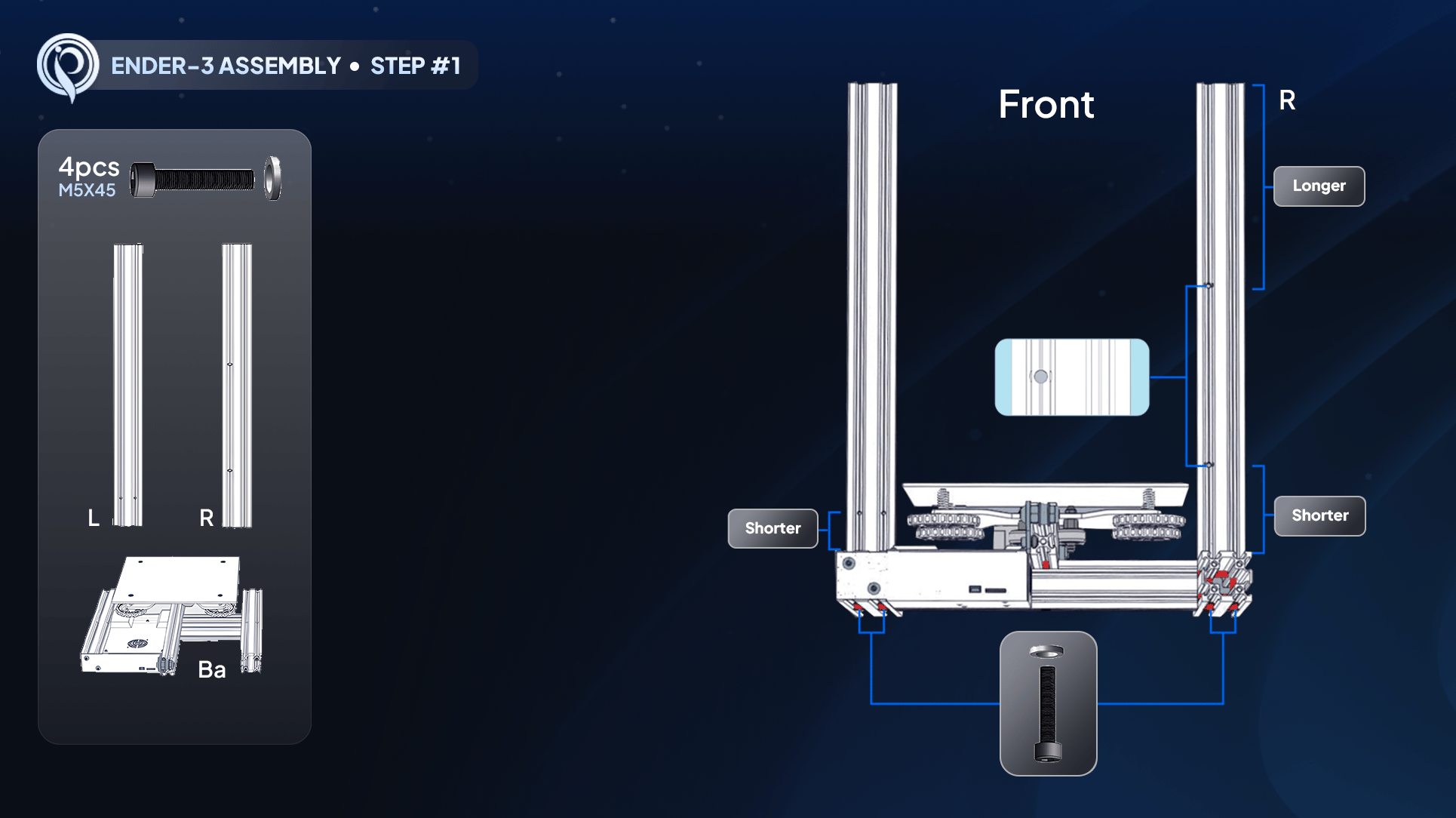 Diagram showing the left and right side rails being attached to the printer base