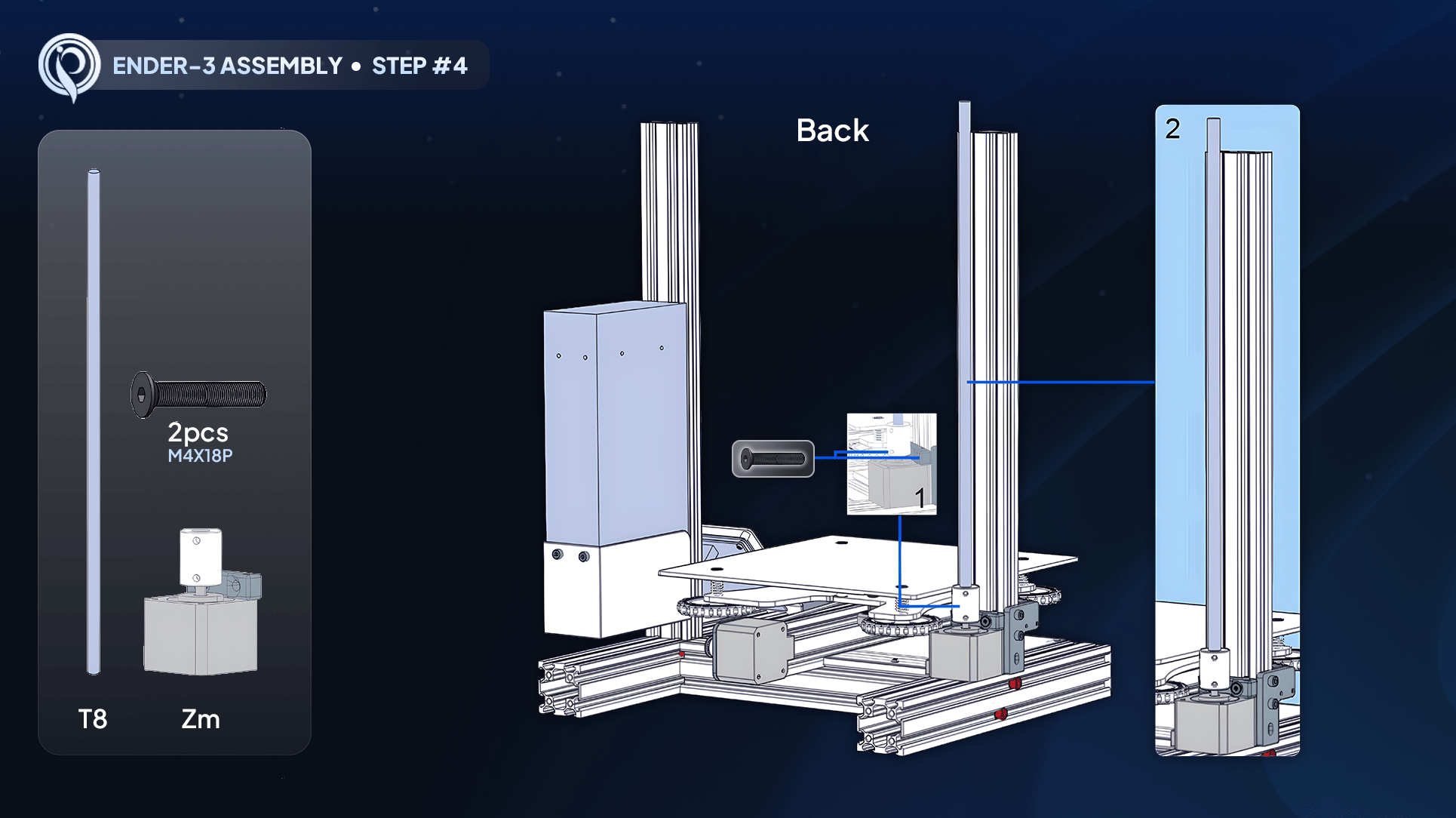 Diagram showing the Z-axis motor and lead screw installed on the left upright