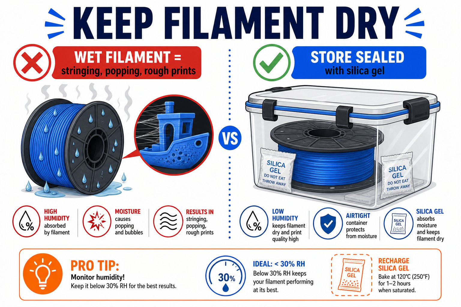 Diagram of proper filament storage in a sealed container with desiccant