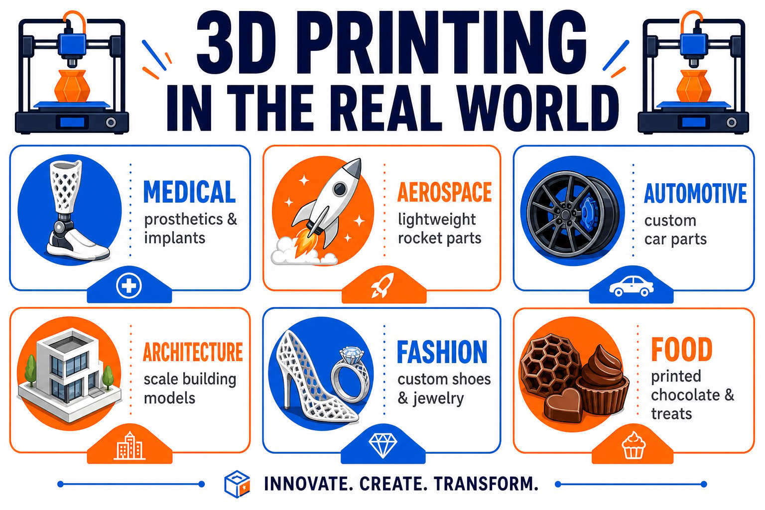 Diagram of industries using 3D printing: healthcare, aerospace, automotive, education, and more