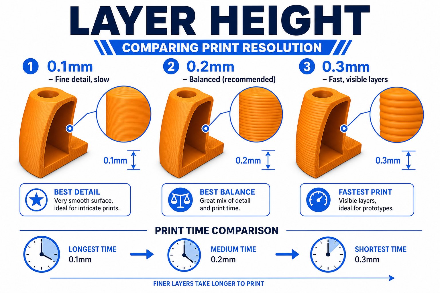 Diagram comparing thin versus thick layer heights and their effect on print quality