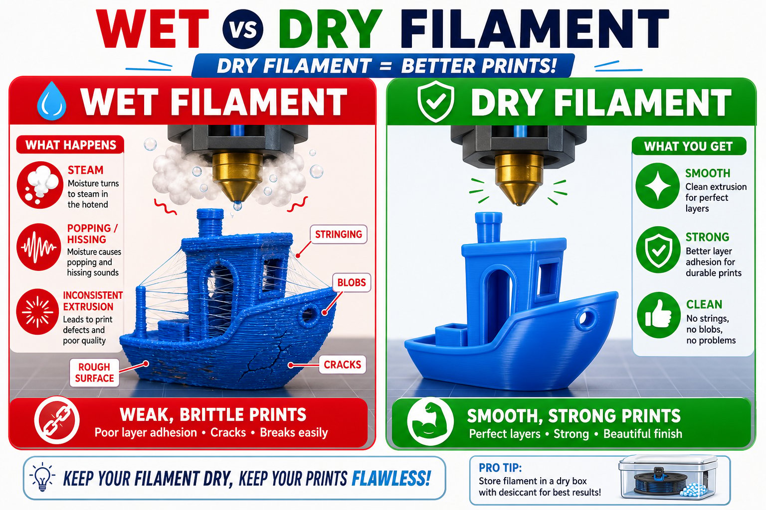 Comparison of prints made with dry versus moisture-absorbed wet filament