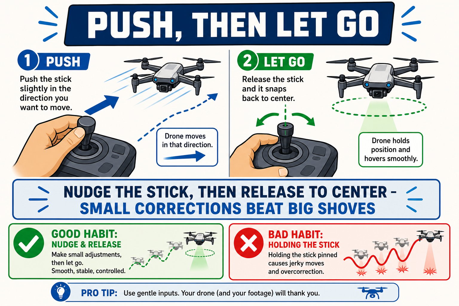 Diagram showing the push-then-release habit for smooth flight versus holding the stick