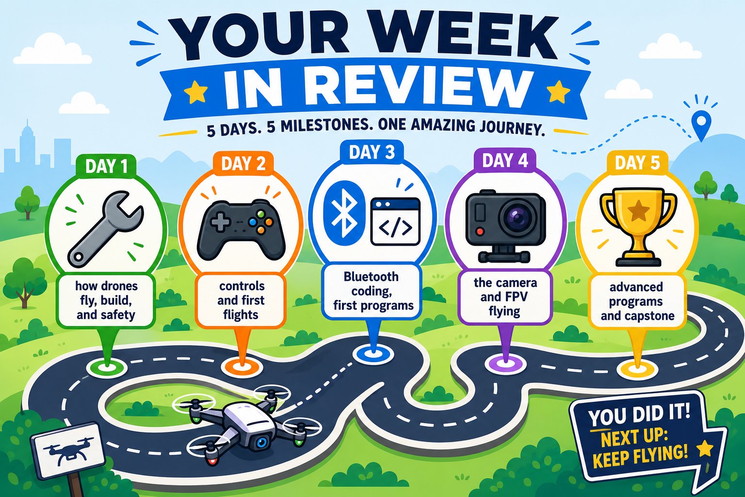 Recap poster of the week's accomplishments across all five days