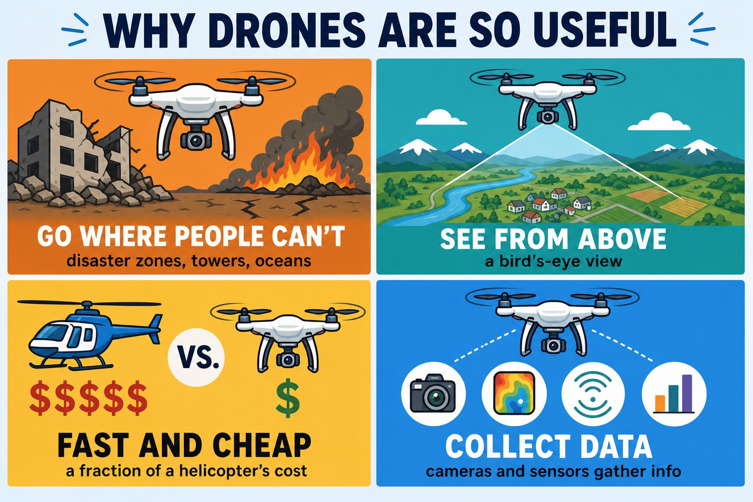 Infographic of why drones are useful: reach dangerous places, see from above, low cost, collect data