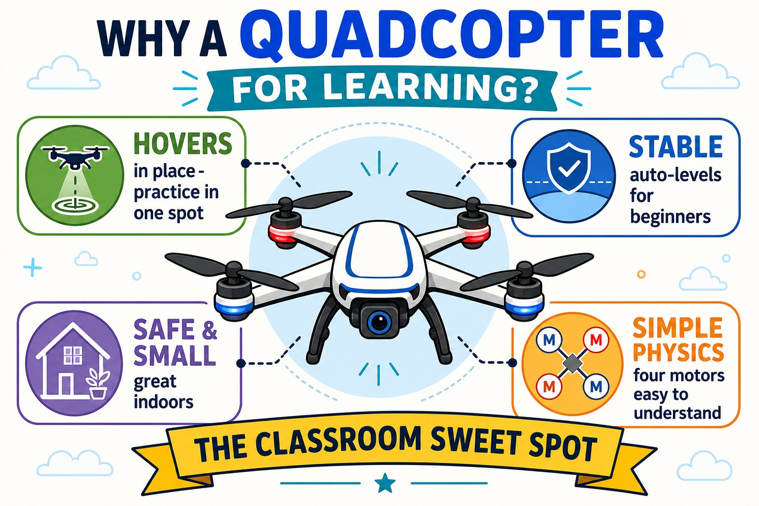 Infographic showing quadcopter benefits: hovers, stable, safe and small, simple physics