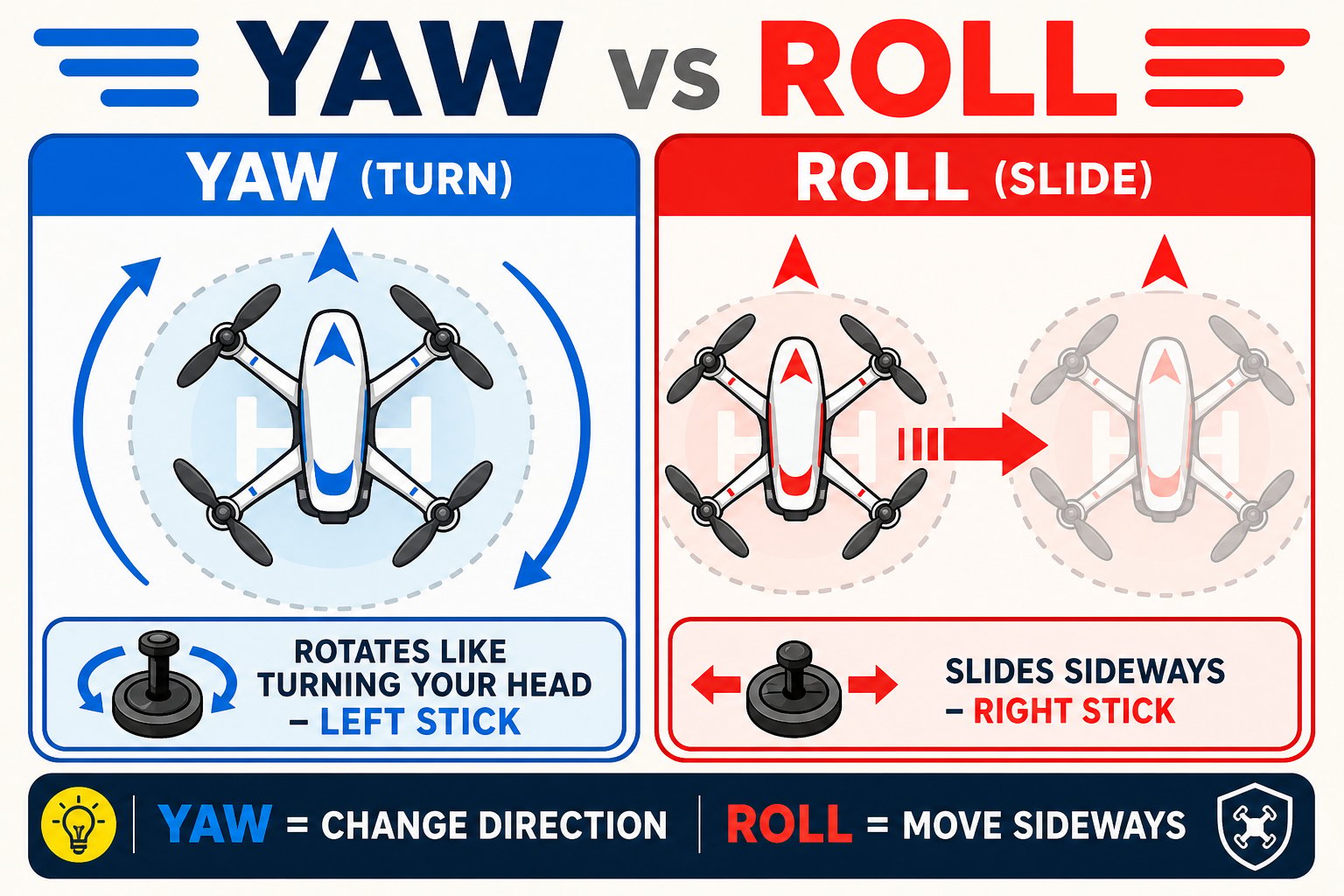 Top-down comparison of yaw rotating the drone versus roll sliding it sideways