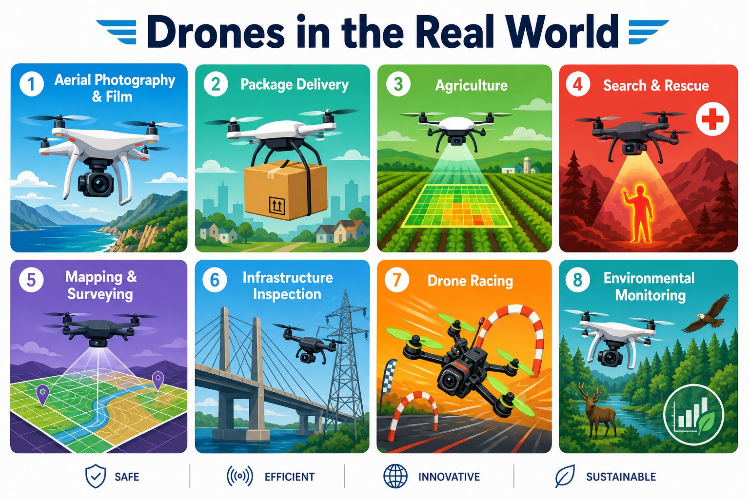 Grid of drone use cases: photography, delivery, agriculture, search and rescue, mapping, inspection, racing, and environmental monitoring