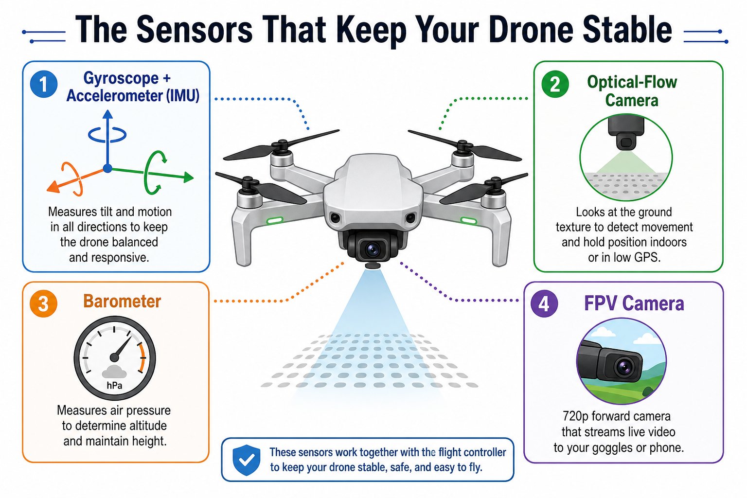 Diagram of drone sensors: IMU, optical-flow camera, barometer, and FPV camera