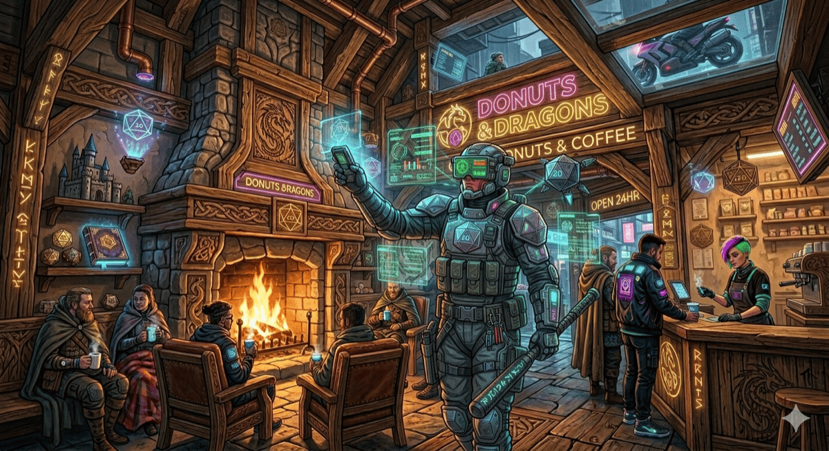 Donuts and Dragons shop with a cyber guardian scanning for threats