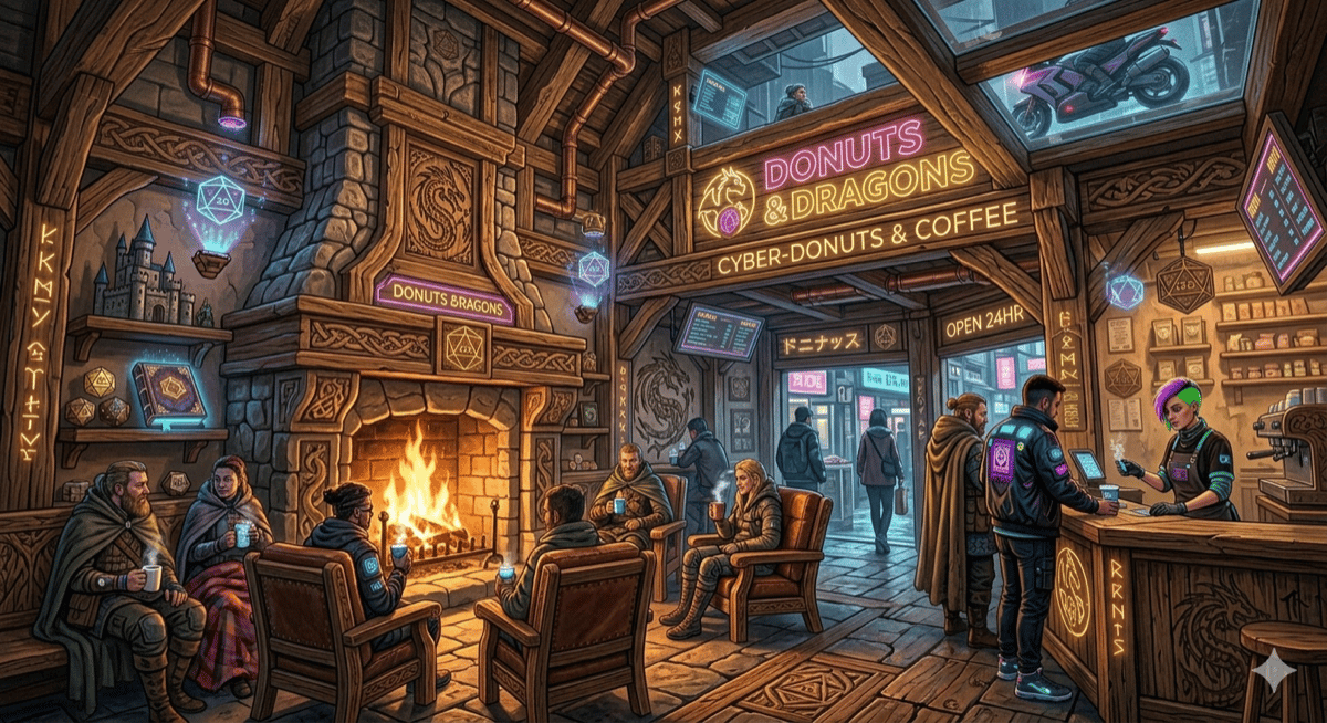 Fantasy-themed illustration of the Donuts and Dragons donut shop with customers and D&D gaming atmosphere