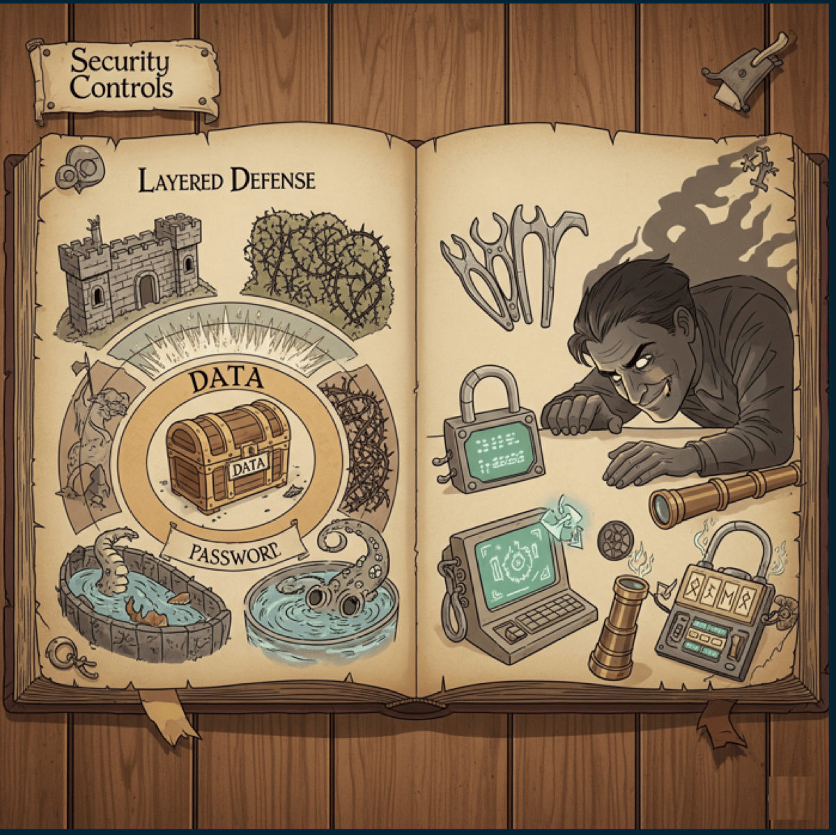 Fantasy-themed illustration of layered defense with castle walls, locks, and an attacker trying to reach the data treasure chest