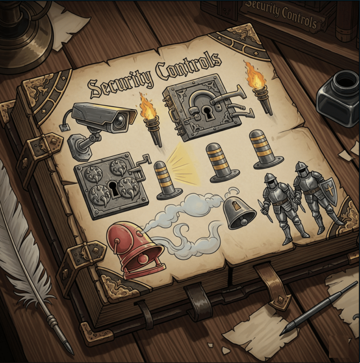 Fantasy-themed illustration of security controls including cameras, locks, bollards, and guards
