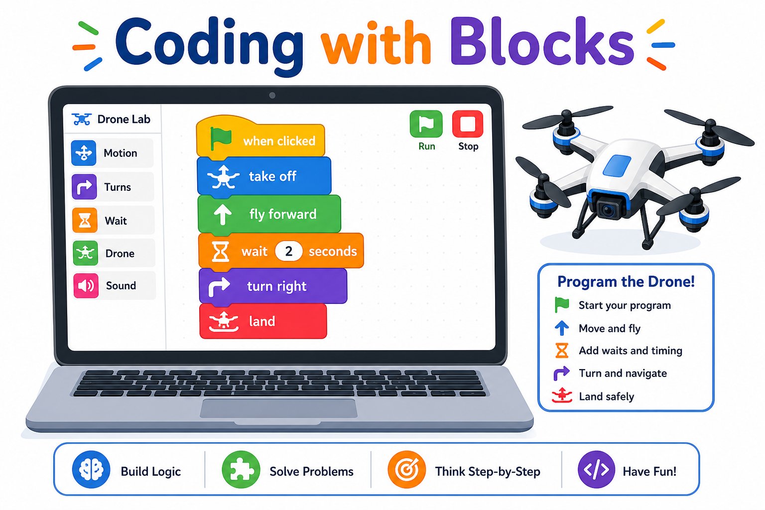 Block coding concept: a stack of drone command blocks
