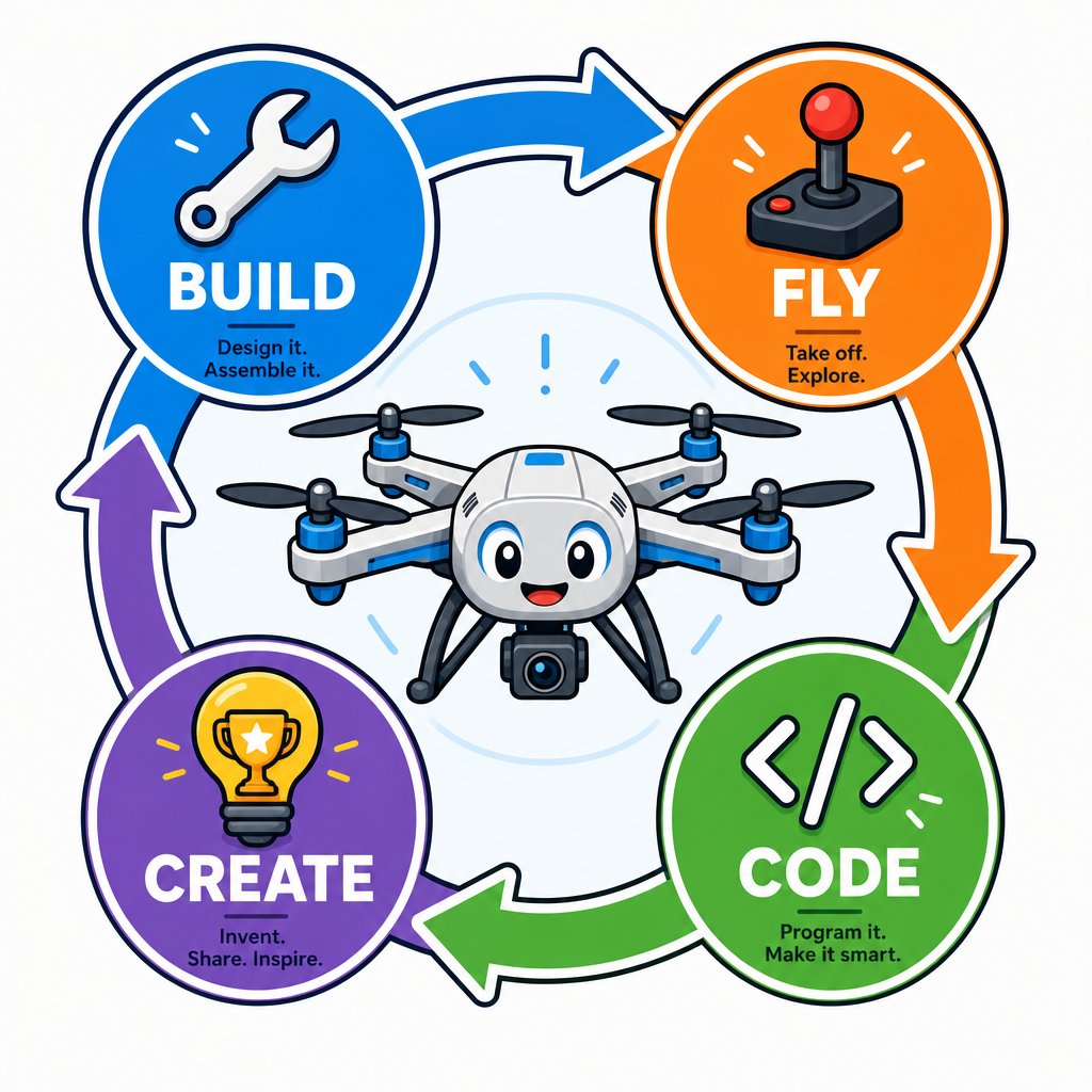 Circular loop showing build, fly, code, and create stages around a drone