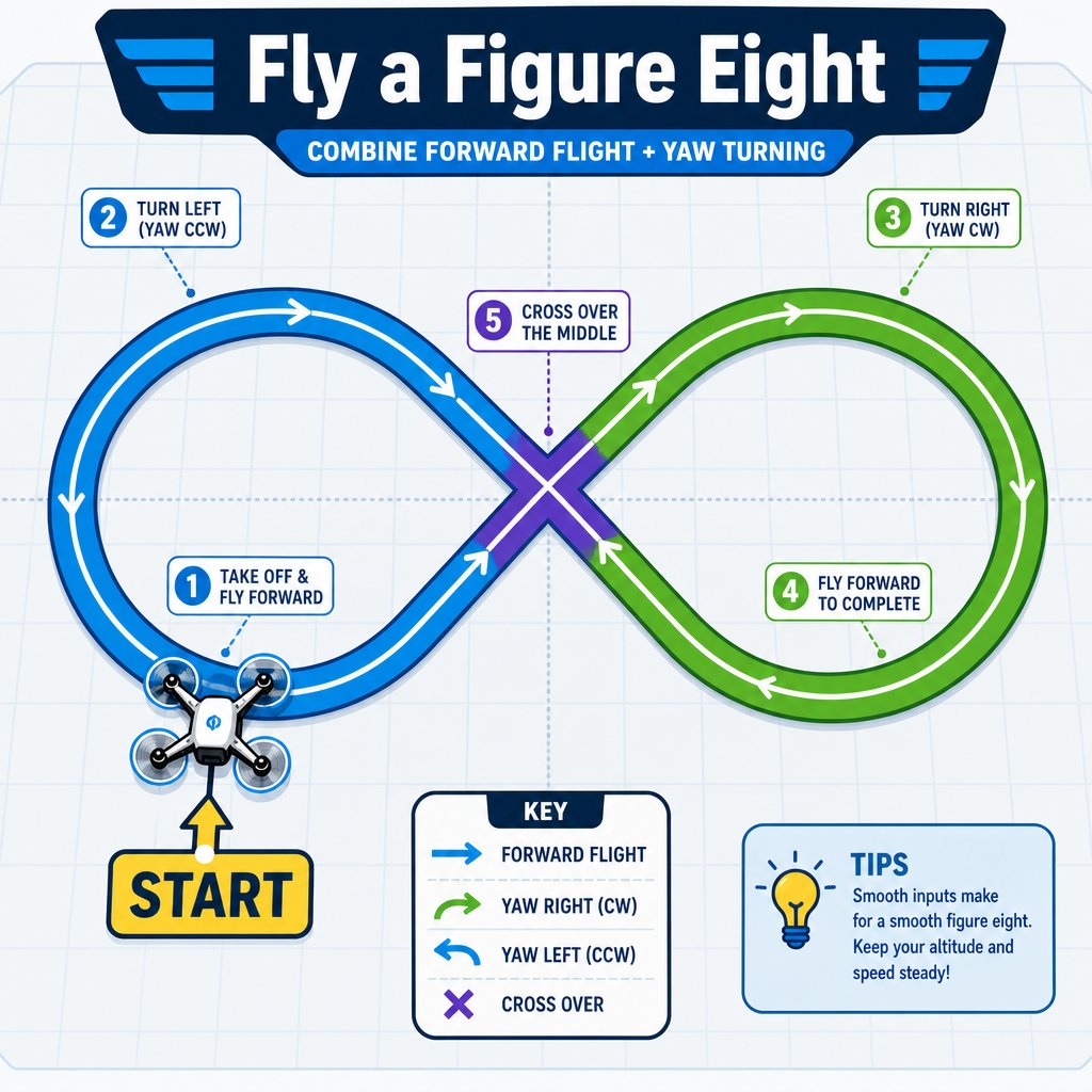 Top-down figure-eight flight path showing forward flight, left and right yaw turns, and a cross-over
