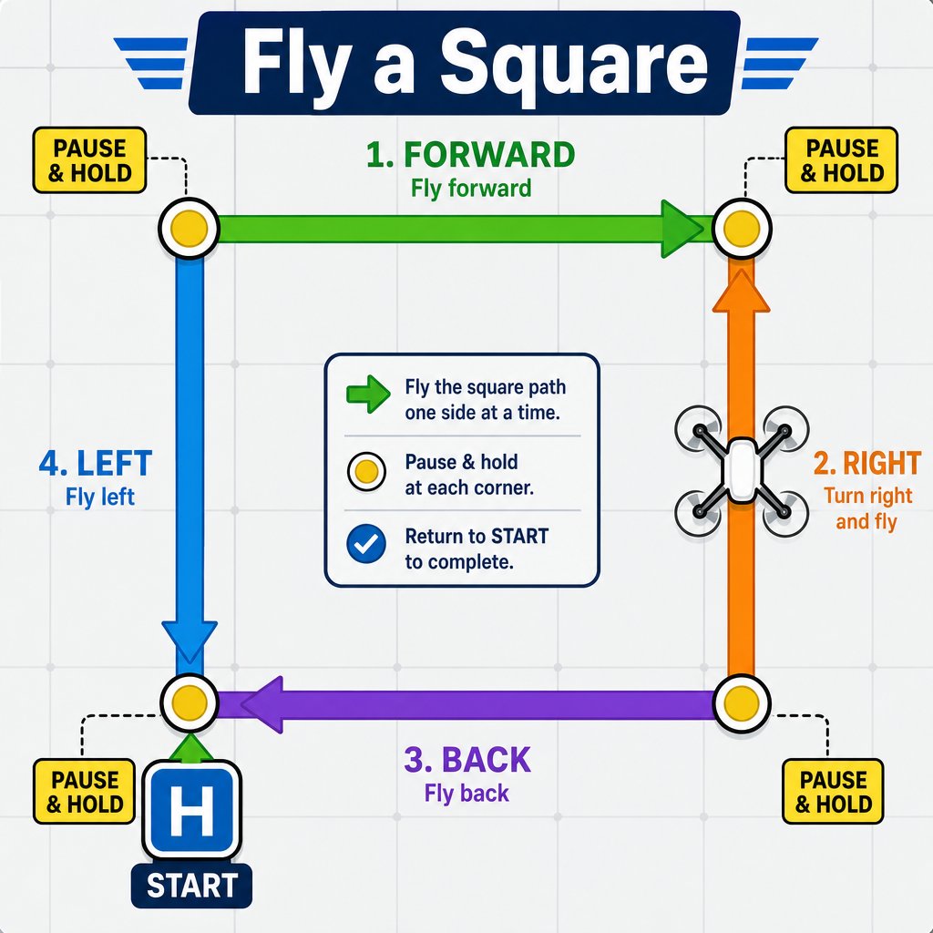 Top-down flight path of a square with forward, right, back, and left legs and pause points at each corner