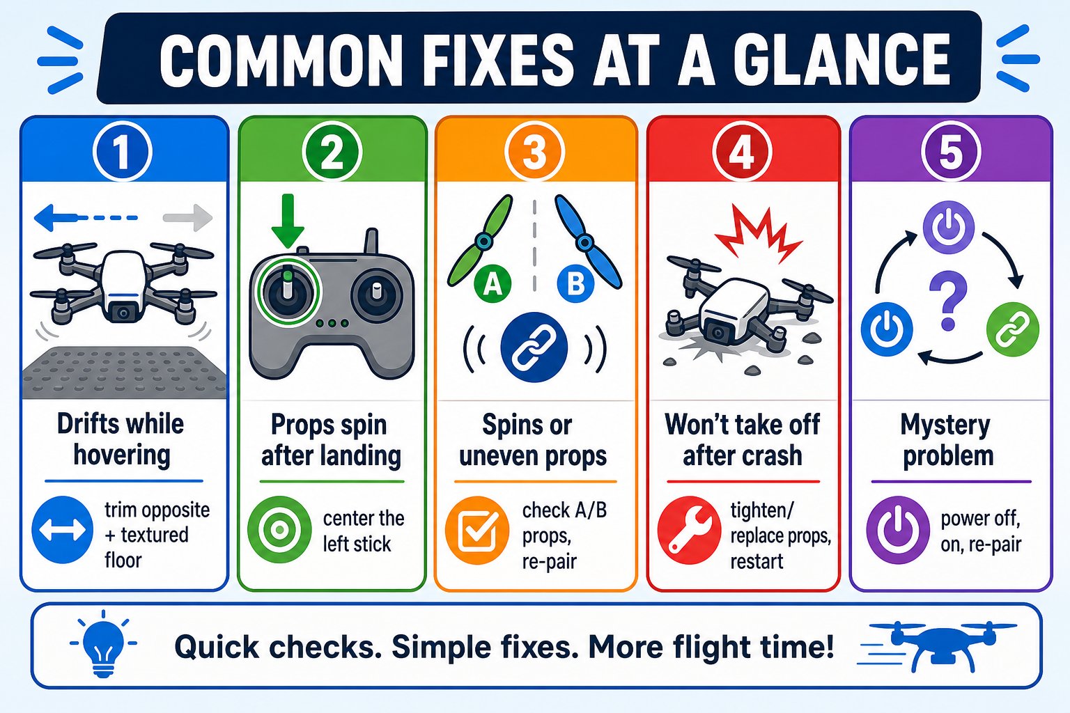 Quick-reference chart of five common drone problems and their fixes
