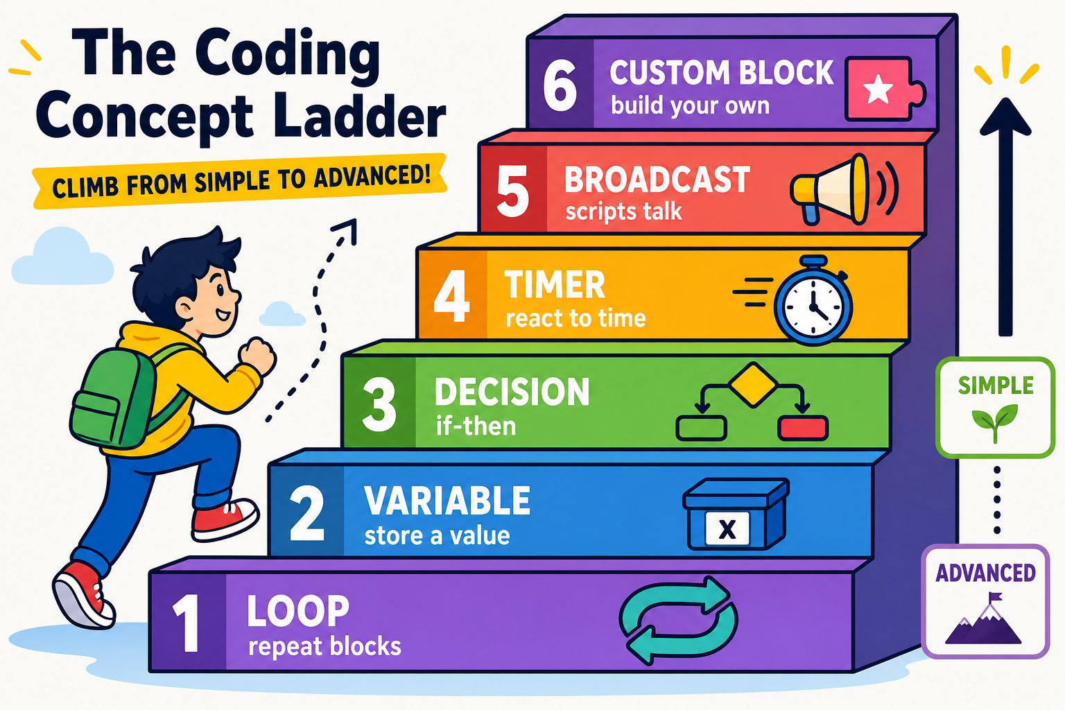 A ladder of coding concepts building from sequence up to custom blocks