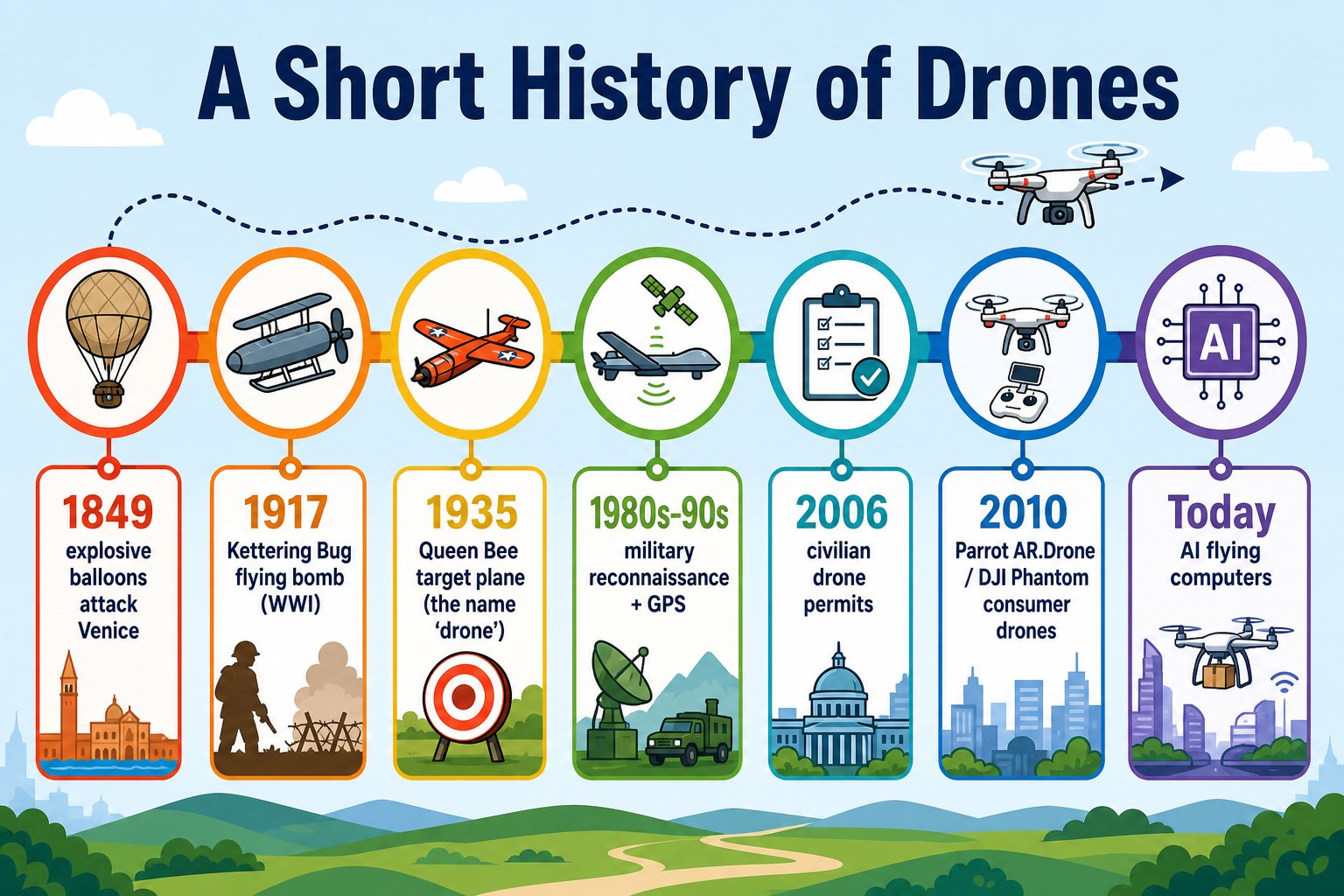 Timeline of drone history from 1849 explosive balloons through WWI, target planes, military reconnaissance, and modern consumer drones
