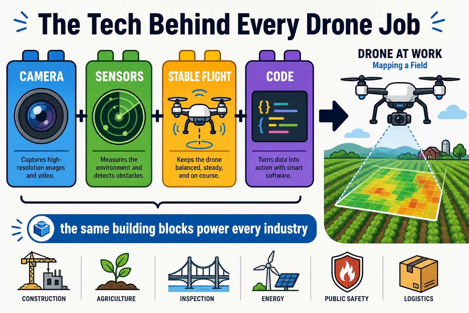 Diagram of the drone technology stack: flight, sensors, camera, and code