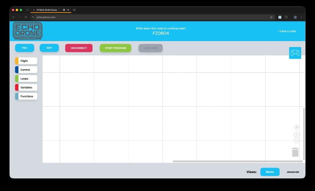 The echo.pitsco.com interface showing the toolbar and block categories