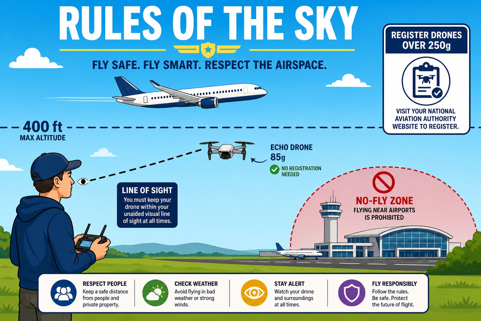 Airspace diagram showing line of sight, 400 foot altitude ceiling, airport no-fly zone, and drone registration over 250 grams