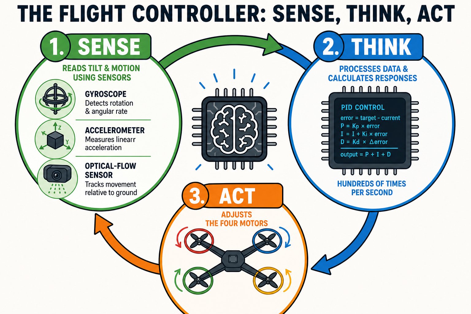 Diagram of the flight controller's sense-think-act loop using gyroscope, accelerometer, and optical-flow sensor to adjust four motors