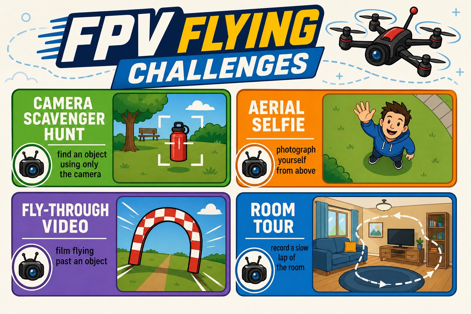 Set of FPV flying challenge ideas: scavenger hunt, aerial selfie, fly-through, room tour