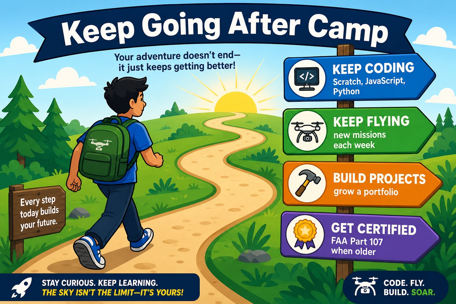 Roadmap for continued learning after camp: coding, flying, building, and certification