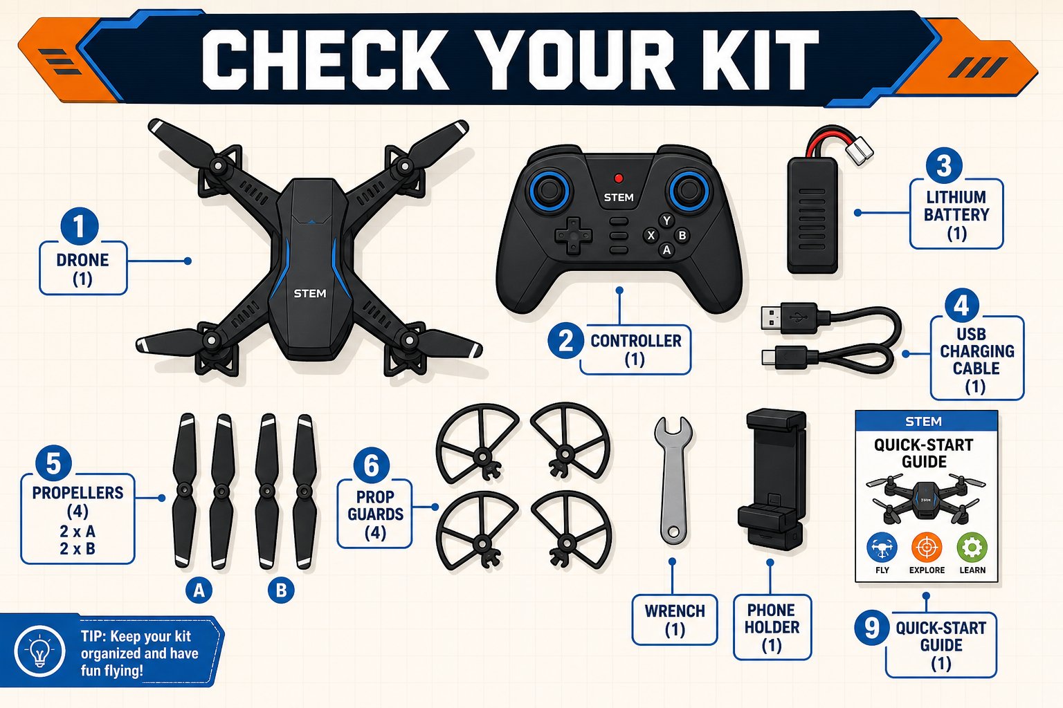 Flatlay of the Echo Drone kit: drone, controller, battery, USB cable, four propellers, four prop guards, wrench, phone holder, and quick-start guide