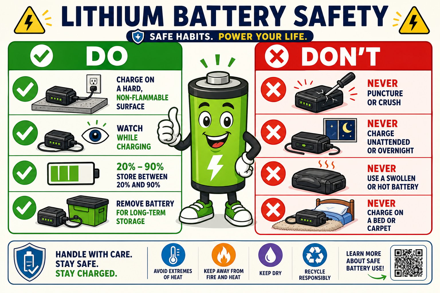 Lithium battery safety infographic showing do's like charging on a hard surface and don'ts like never puncturing or charging unattended